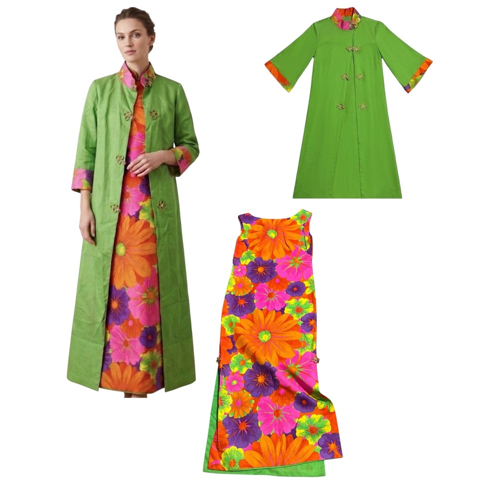 VTG 60s psychedelic flower power 2pc Maxi Dress Frog Closure duster mod kitschy